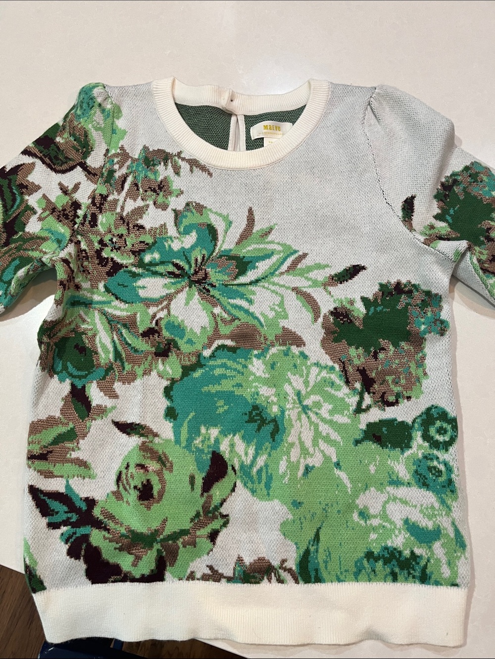 Maeve Green Cream Floral Short-Sleeve Knit Sweater